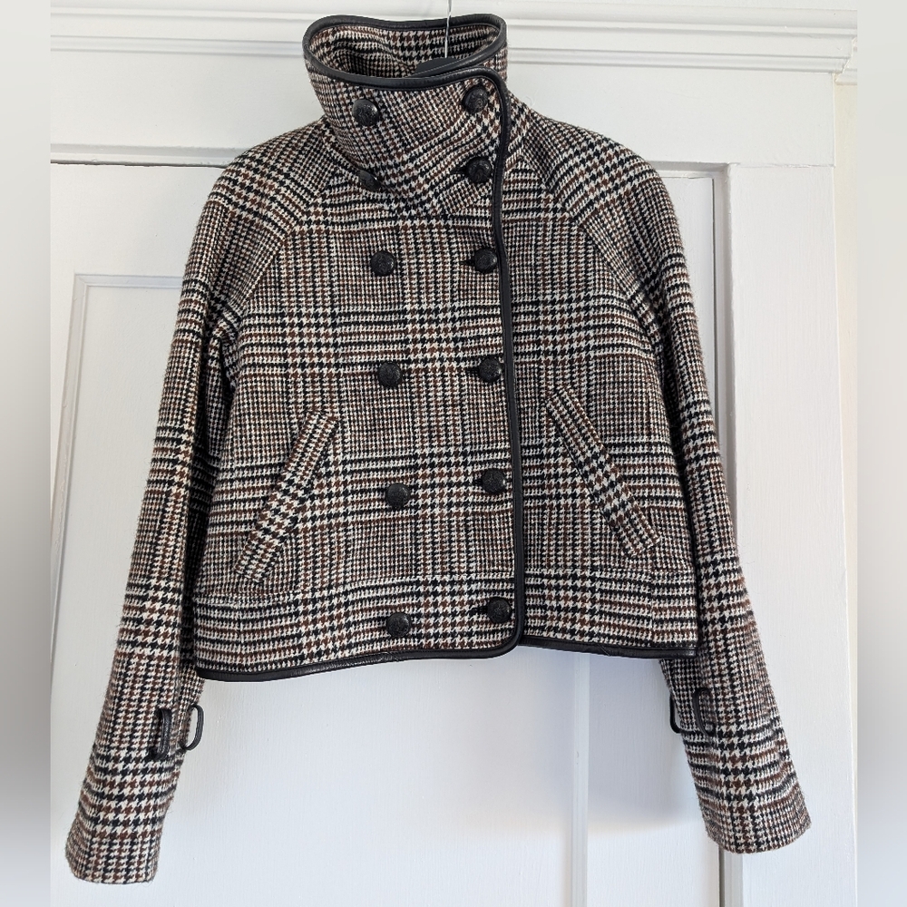 Veronica Beard 8 Mirko Peacoat Double Breasted Houndstooth Jacket Leather Wool